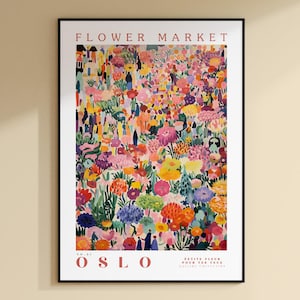 Oslo Flower Market Poster, Norway Travel Art, Botanical Wall Art, Flower Wall Art, Floral Illustration, Nursery Wall Art, Rosa Red