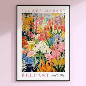 Flower Market Belfast Print, Retro Flower Market, Botanical Art, Yellow Flowers, Pink Peony, Orange Tulips, USA Art, England Art, Dandelion