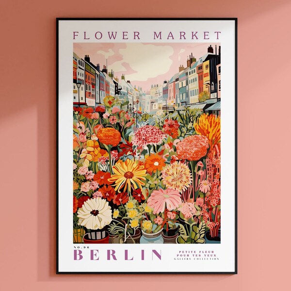 Blumenmarkt Berlin Druck, Deutschland Reisekunst, Sommersonnenblume, botanische Wandkunst, rosa und orange Blumen Wanddekoration, florale Illustration