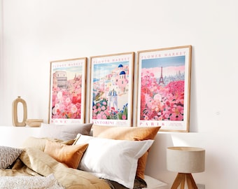 Set of 3 Prints - Flower Market Wall Art – Romantic Floral Art - City Art Print - Pink Posters - Physical Prints