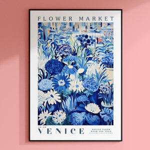 Venice Flower Market Poster, Venice Travel Art, Italy Art Print, Blue and White Floral Illustration, Trendy Wall Art, Modern Flower Wall Art