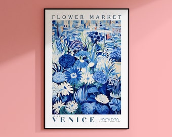 Venice Flower Market Poster, Venice Travel Art, Italy Art Print, Blue and White Floral Illustration, Trendy Wall Art, Modern Flower Wall Art