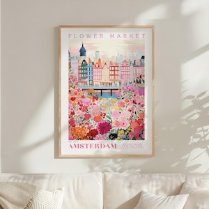 a poster of the Flower Market in Amsterdam, with a colorful illustration of the city's buildings and flowers.