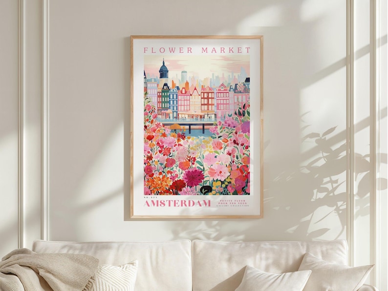 a poster of the Flower Market in Amsterdam, with a colorful illustration of the city's buildings and flowers.