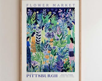 Pittsburgh Flower Market Print, Romantic Botanical Cityscape Wall Art