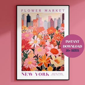 Flower Market Print, New York Wall Art, New York Poster, Manhattan Poster, Botanical Wall Art, Travel Poster, Pink Wall Art, New York City