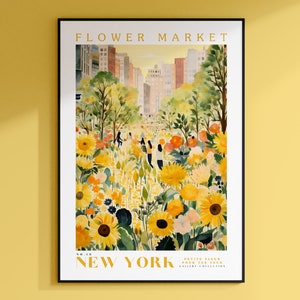 Flower Market Print, New York City, New York Travel Poster, Floral Illustration, Flower Wall Art, Yellow Sunflower, Botanical Wall Art