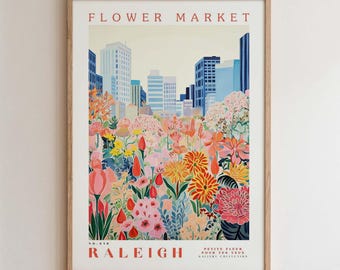 Raleigh Flower Market Print, Romantic Botanical Cityscape Wall Art