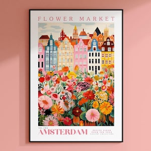 Póster del Mercado de Flores de Ámsterdam, Arte de viaje a Ámsterdam, Arte mural botánico, Arte de viaje a Holanda, Ilustración floral, Póster floral de moda