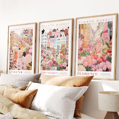 Set van 3, prints bloemenmarkt, bloemenprints, romantische kunst, stadsprints, reiskunstprints, botanische prints, bloemenprint, kunst aan de muur, bloemenprint, romantische kunst