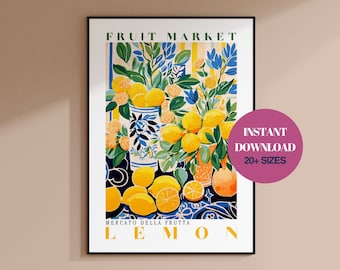 Lemon Fruit Market, Vintage Fruit Art, Fruit Market Poster, Lemon Poster, Yellow Wall Art, Colorful Wall Art, Fruit Print, Trendy Poster