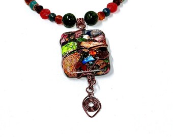 Necklace mixed impression jasper pendant, beaded necklace copper wire wrapping, necklace copper greens orange, adjustable necklace