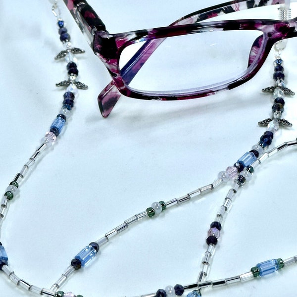 Angel eyeglass chain, holiday eyeglasses lanyard, Christmas eyeglass chain, pearl silver purple chain for eyeglasses, angel glasses  chain