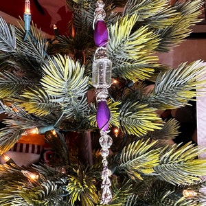 Crystal Icicle Ornament, Purple Silver Beaded Suncatcher, Handmade Hanger