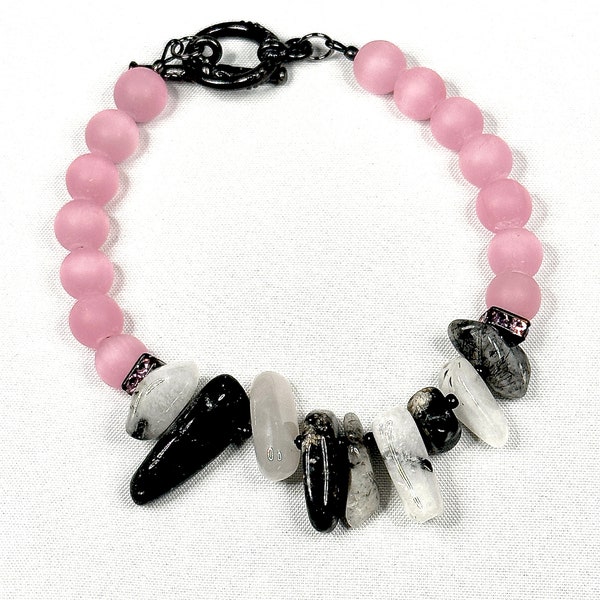 Pink cats eye & Dalmatian jasper bracelet, gunmetal toggle clasp