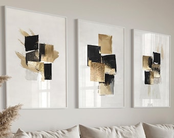 Peut inclure: Un intérieur de salon avec un canapé sectionnel blanc, trois tableaux abstraits aux formes géométriques noires et dorées, une table basse en bois, une couverture en fourrure brune et un lampadaire brun.