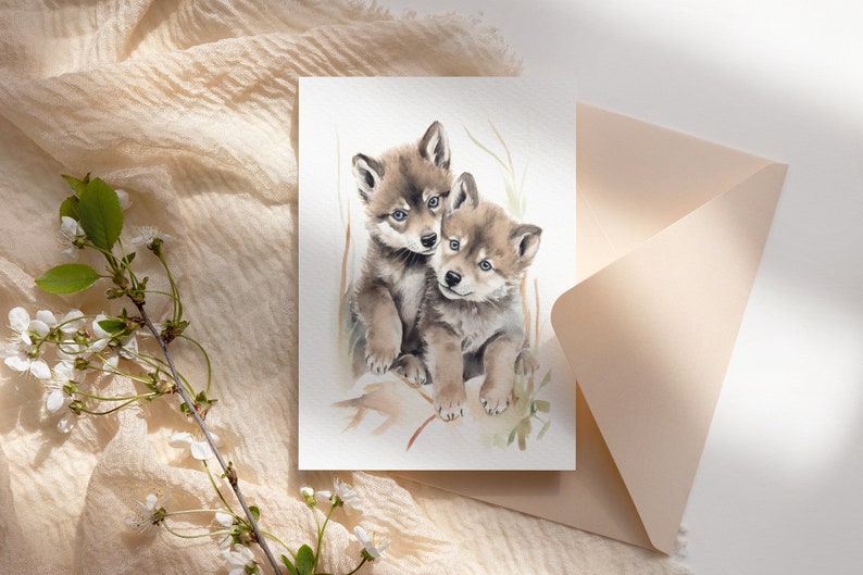 Op de afbeelding: Een aquarel schilderij van twee wolf pups die tegen elkaar aan knuffelen. De pups zijn bruin en wit met blauwe ogen. De achtergrond is een lichte waslaag in groen en bruin.