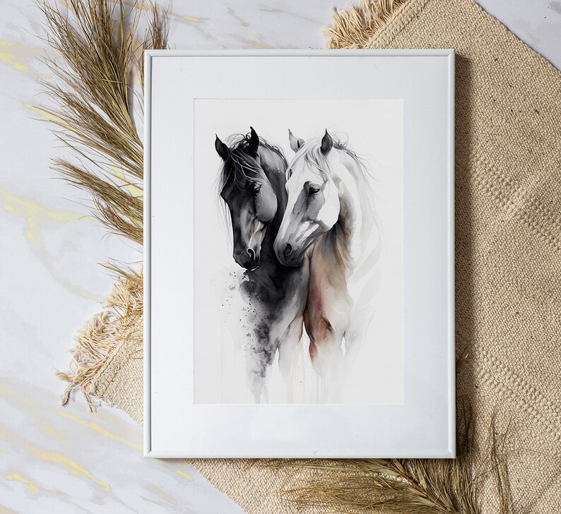 Black and White Horses Watercolor Wall Art Painting | Romantic Horse ...