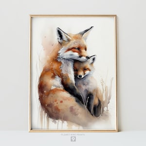Cute Fox Watercolor Wall Art | Safari Clipart | Mother and Baby Cub Fox Print | Nursery Wildlife Print | Animals Art | Printable Wall Art