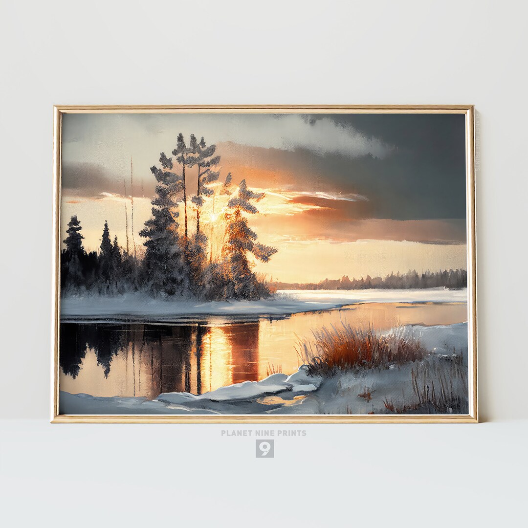Winter Sunset Landscape Wall Art | Snowy Trees | Lake Sunset Oil ...