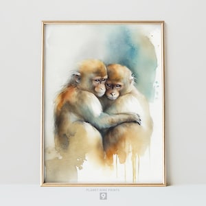 Monkey Watercolor Wall Art Print | Monkey Mother and Child | Animal Nursery Wall Poster | Cute Gift For Him Her | Printable Wall Art