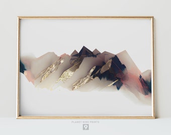 Abstract Mountains Gold Beige Indigo Printable Wall Art | Abstract Pyramids Landscape | Minimalist Art Print | Home Decor | Digital Download