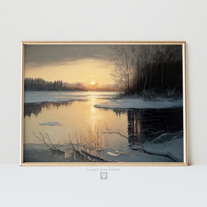 Winter Sunset Landscape Wall Art | Snowy Forest | Rustic Muted Canvas Oil Painting | Home Decor | Printable Art