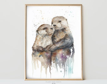 Otter paar aquarel Wall Art Print | Mijn otter halve decor | Schattige dierenkwekerij muurposter | Leuk cadeau voor hem haar | Kunst aan de muur afdrukken