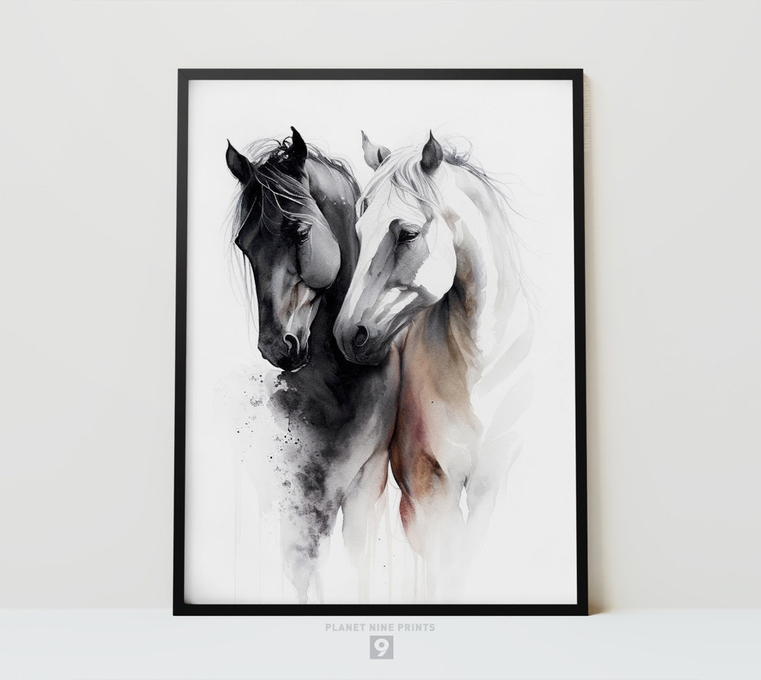 Black and White Horses Watercolor Wall Art Painting Romantic Horse Couple Neutral Animal Nursery
