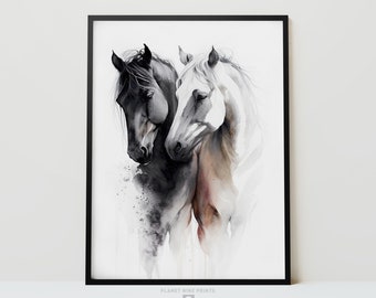 May include: A watercolor painting of two horses, one black and one white, standing close together. The horses are painted in a realistic style with soft, flowing lines. The background is a simple white.