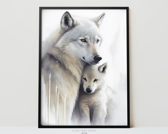 Wolf aquarel muur kunst schilderij | Twee wolven schattig babypaar | Dierenkwekerij Art Print | Cadeau voor hem haar | Afdrukbare muurkunst