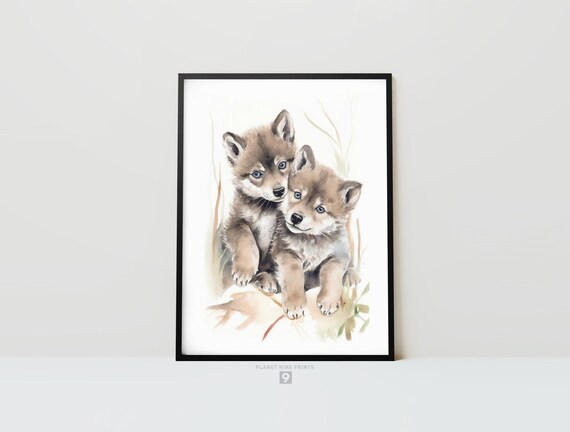 Baby Wolf Cubs Watercolor Wall Art Painting | Two Wolves Cute Baby Couple | Animal Nursery Art Print | Wolf Wall Poster | Printable Wall Art