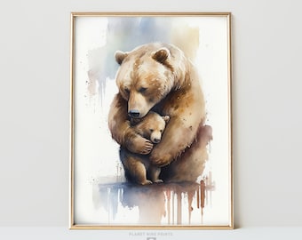 Cute Mothers Day Bear Aquacolor Schilderij | Mama Bear Knuffel | Little Baby Teddybeer | Familie liefdesfeest | Bedrukbare kunst aan de muur