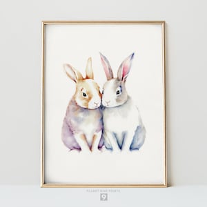 Bunny Rabbits Watercolor Wall Art Painting | Two Bunnies Cute Couple | Animal Nursery Art Print | Gift For Him Her Kids | Printable Wall Art