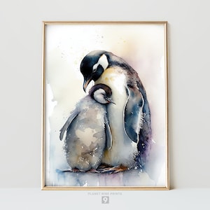 Cute Penguins Watercolor Wall Art Print | Mothers Day Penguin Painting | Animals | Mama Baby Penguin | Kids Nursery Art | Printable Wall Art