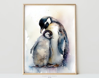 Simpatici pinguini Stampa artistica da parete ad acquerello / Festa della mamma Pittura pinguino / Animali / Mamma Baby Pinguino / Arte dell'asilo nido per bambini / Arte della parete stampabile