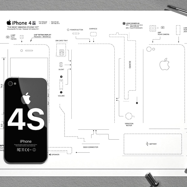 Modèle de cadre A4 iPhone 4S, modèle iPhone, iPhone encadré, A4 iPhone Wall Art, iPhone Teardown Art