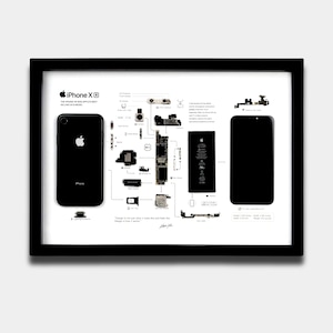 May include: A framed deconstructed iPhone XR display featuring the black smartphone casing, screen, battery, and internal components laid out with technical labels and text. The display includes the Apple logo, model name, and a quote by Steve Jobs.