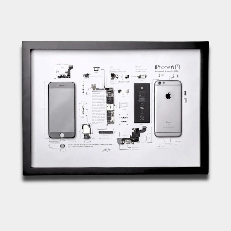 Op de afbeelding: Een zwarte lijst met een gedemonteerde iPhone 6S. De lay-out bevat het voorscherm, de achterkant, de batterij en interne onderdelen gerangschikt over een technisch diagram met labels, inclusief de titel iPhone 6S.