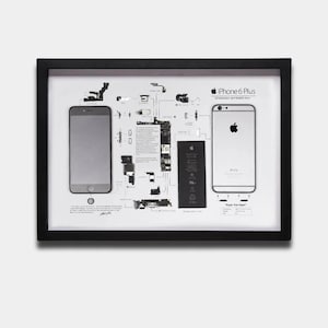 May include: A black framed display featuring a disassembled iPhone 6 Plus with its internal components laid out and labeled on a white background. The display includes the front screen, back casing, battery, and various internal parts with text.