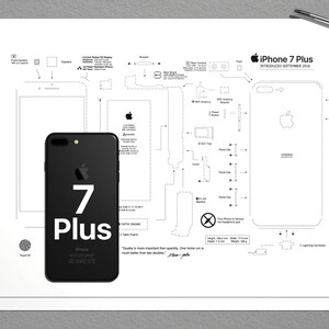 Może przedstawiać: Czarny smartfon iPhone 7 Plus umieszczony jest na białym wydruku schematu technicznego. Wydruk przedstawia szczegółowe rysunki liniowe, etykiety komponentów oraz tekst, w tym iPhone 7 Plus, Introduced September 2016.