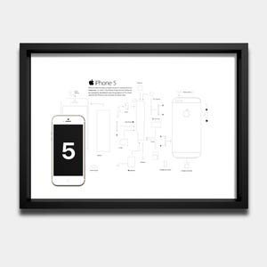 May include: A framed black and white technical diagram of an iPhone 5. The print features a front view of the phone with the number 5 on the screen, a rear view, and exploded component outlines with labels including camera, battery, and microphone.