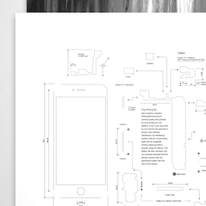 Op de afbeelding: Een technische blauwdrukprint met een zwart-witte lijntekening van een iPhone 6S. Het diagram bevat gedetailleerde contouren van componenten, labels voor onderdelen zoals de camera, oortelefoon en moederbord, en tekst over de ontvangst.