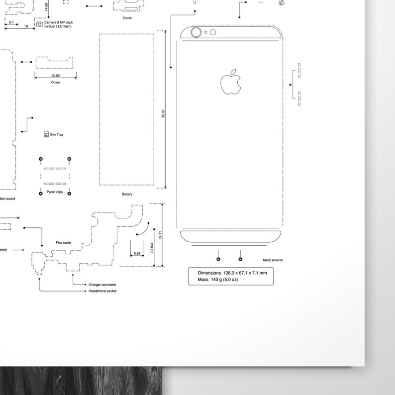 Op de afbeelding: Een technische lijntekening van een smartphone met interne componenten zoals de batterij, simkaartlade en flexkabel. Het diagram bevat labels, afmetingen in mm en een vak met de tekst Dimensions 138.3 x 67.1 x 7.1 mm en Mass 143 g.
