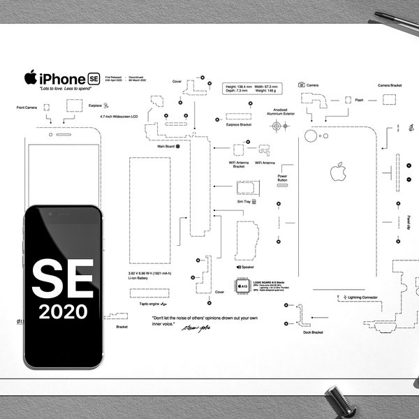 iPhone SE 2020 teardown template, iPhone teardown, framed iPhone, iPhone teardown template