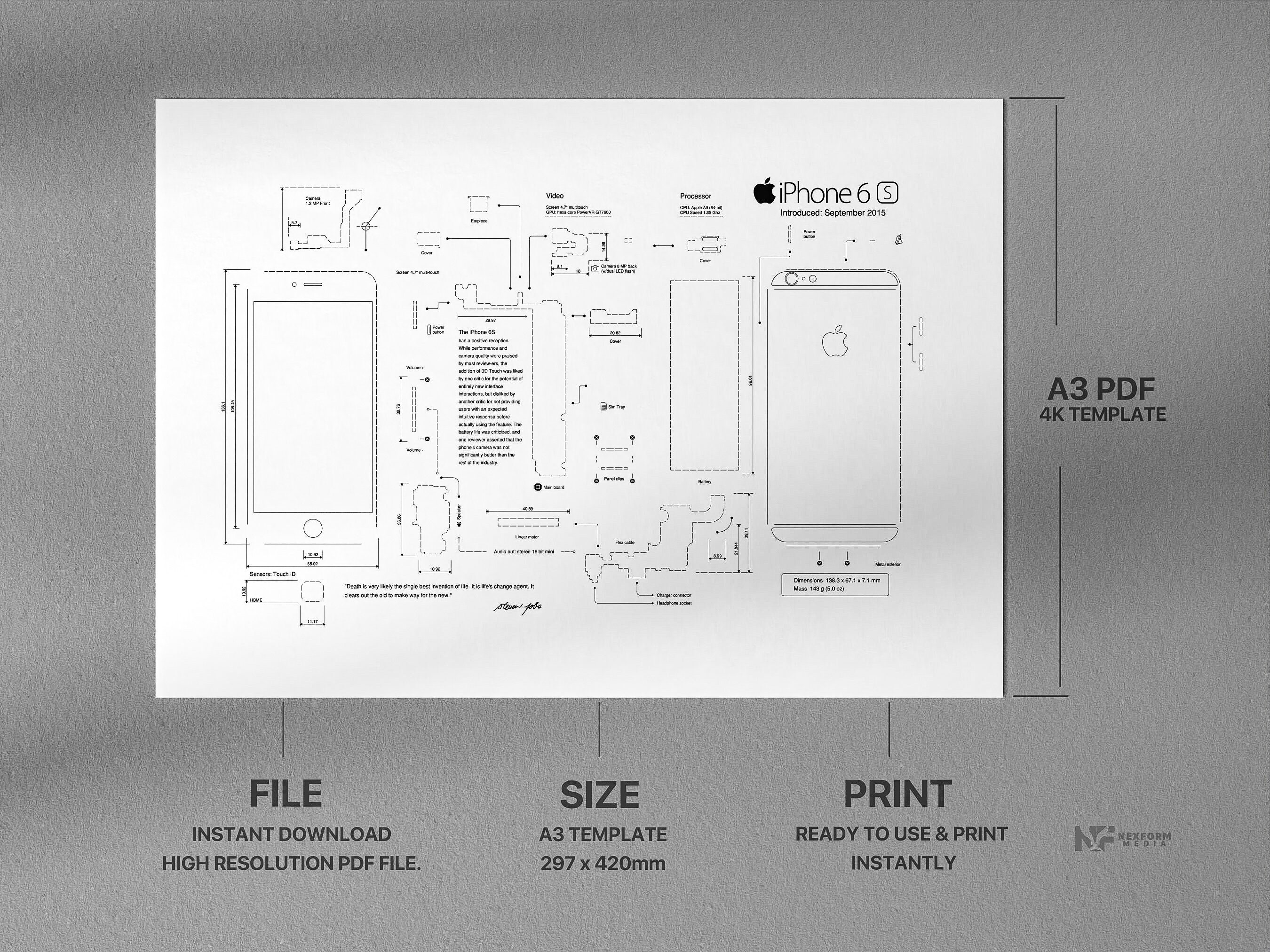 IPhone 6S Teardown Template, iPhone Template, Framed Iphone