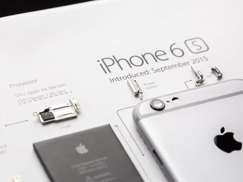 Op de afbeelding: Een wit technisch diagram van een iPhone 6s met de tekst "iPhone 6s" en "Introduced: September 2015". De afbeelding toont een zilveren smartphone, een zwarte batterij en kleine interne metalen onderdelen met het label "Processor" en "Power button".
