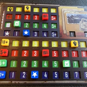 Può includere: Primo piano di un componente di un gioco da tavolo con vari dadi colorati e indicatori numerici. Il tabellone di gioco ha fessure per dadi e indicatori, con testo che indica "Redditi" e "Scorte". I dadi sono gialli, rossi, verdi e blu.
