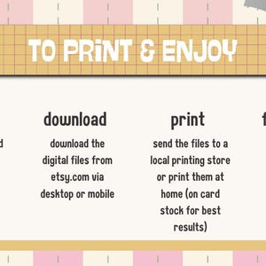 May include: A graphic with instructions on how to print digital files purchased on Etsy. The steps include purchase, download, print, and frame. The text is on a light pink and beige background.