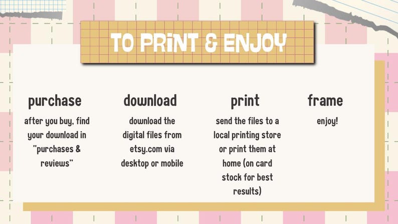 May include: A graphic with instructions on how to print digital files purchased on Etsy. The steps include purchase, download, print, and frame. The text is on a light pink and beige background.